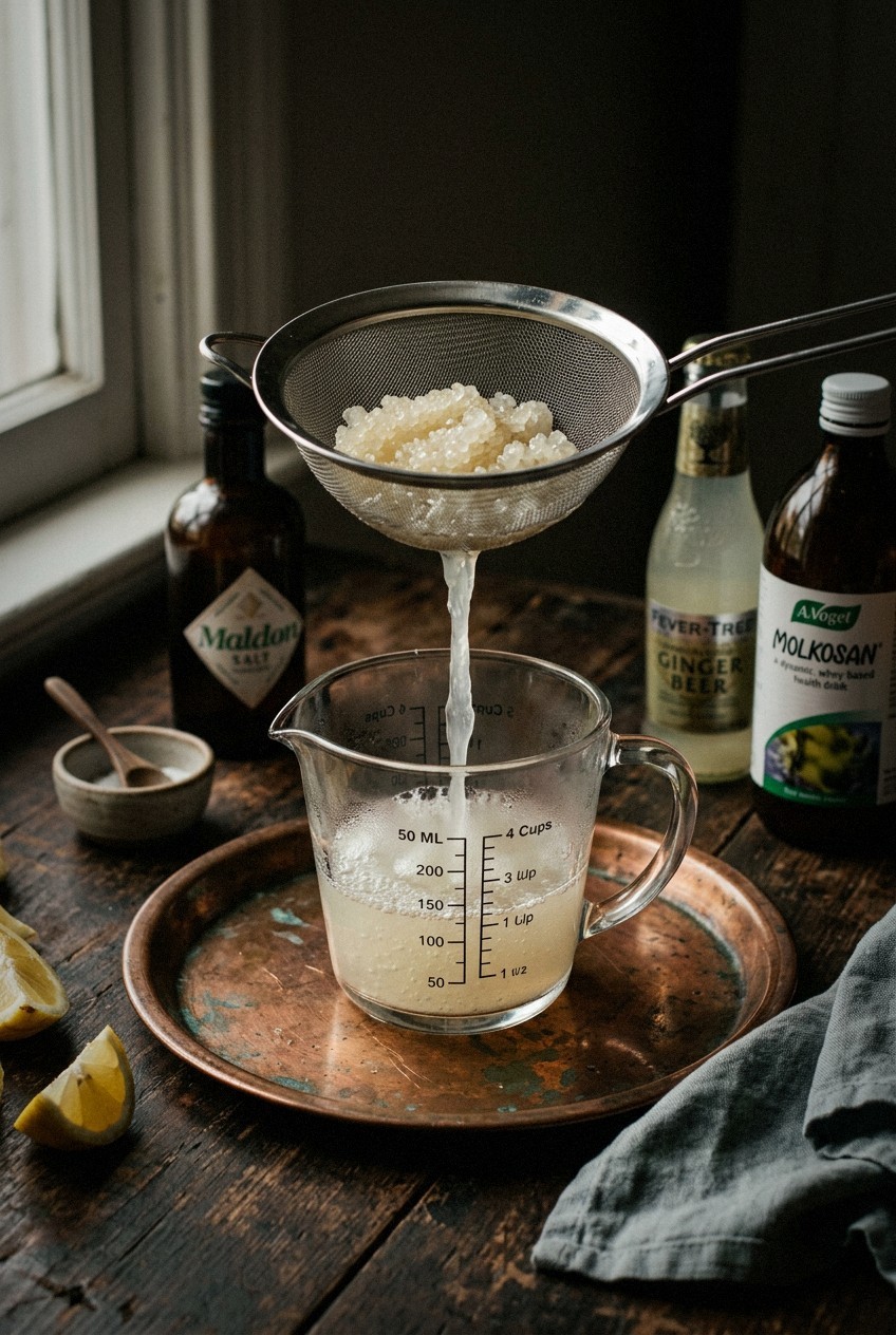 Hands straining water kefir grains through fine mesh strainer into glass measuring cup with cloudy fermented liquid and visible bubbles