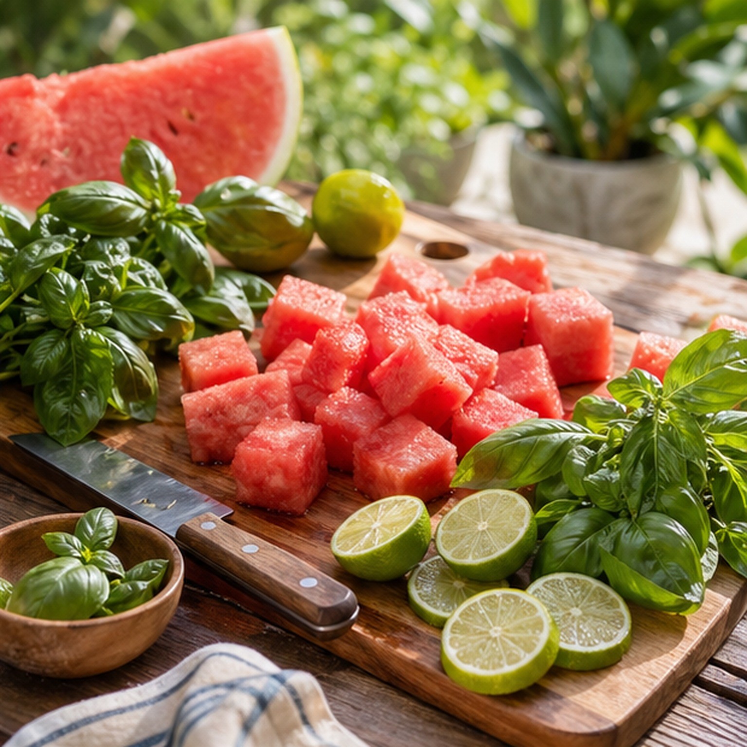 Cubed watermelon, fresh basil, and limes on an outdoor table for a watermelon basil limeade pitcher