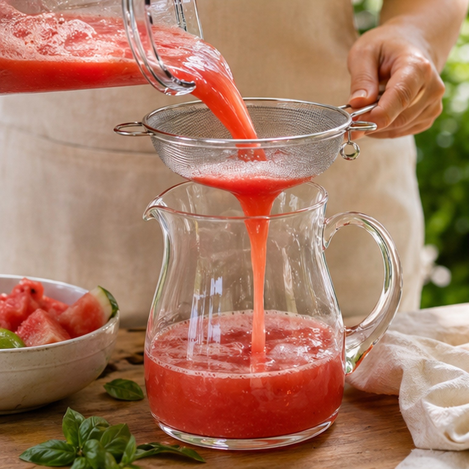 Fresh watermelon juice being strained for basil limeade on a picnic table
