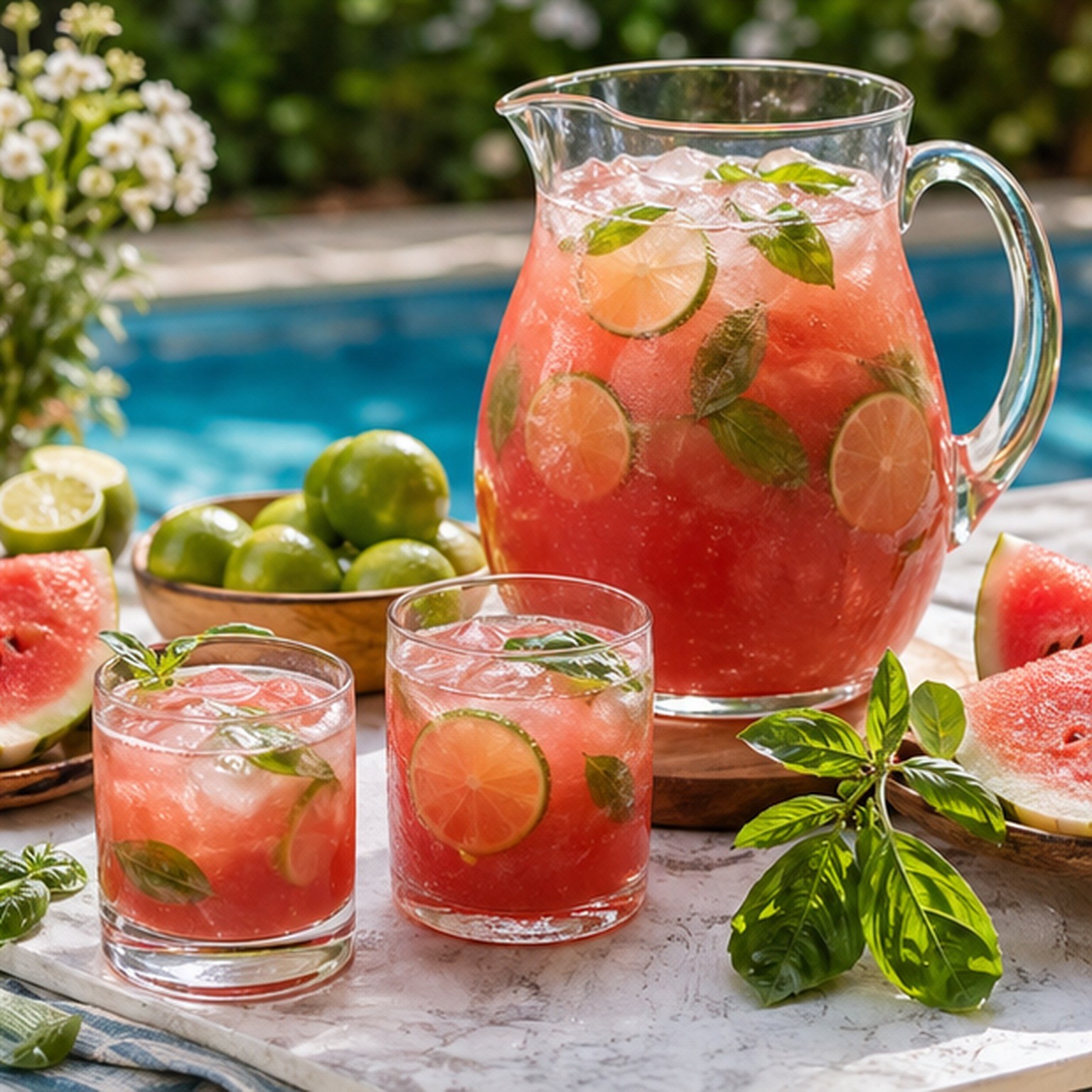 A pitcher of watermelon basil limeade with glasses, lime wheels, and basil on a summer patio table
