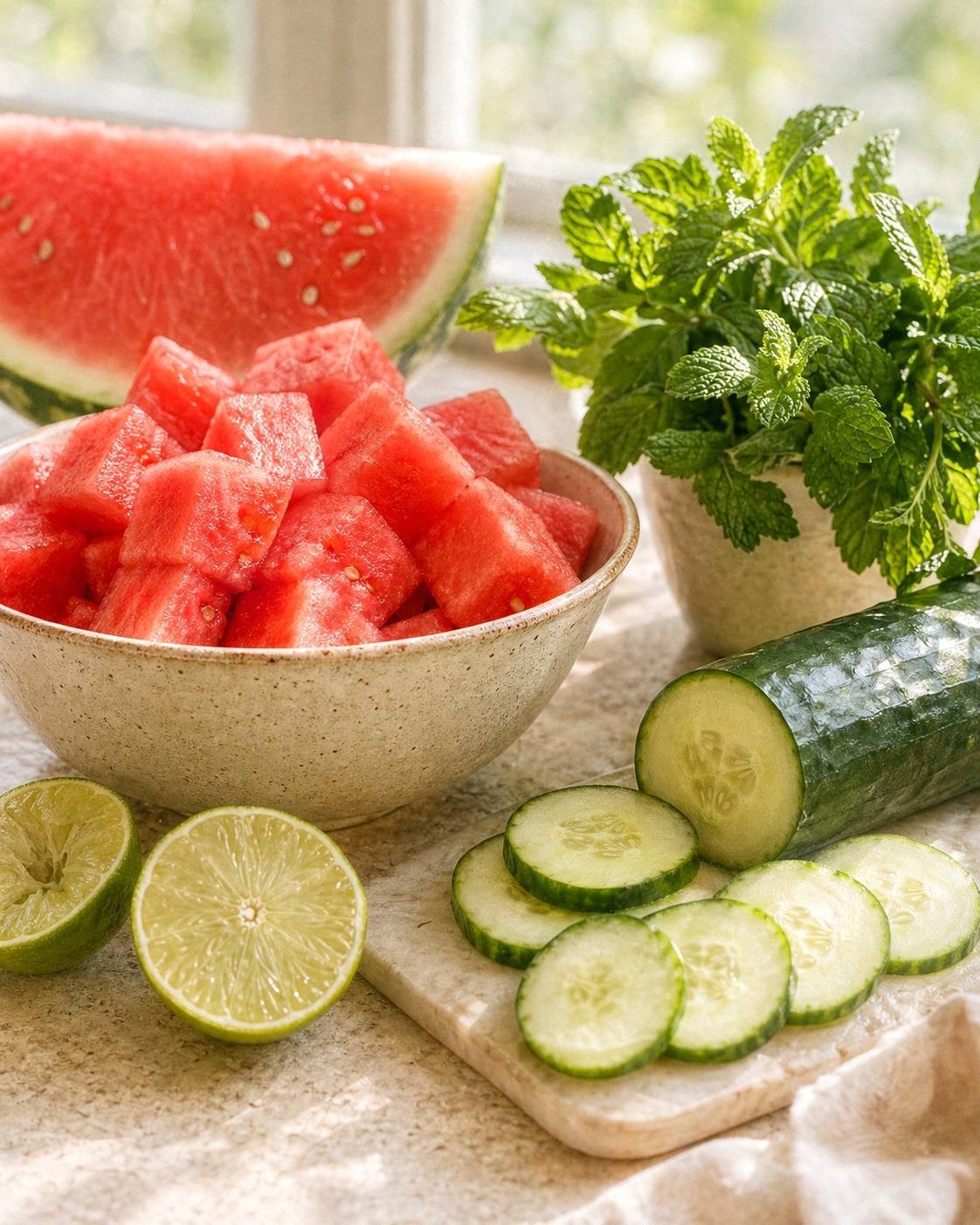 Fresh watermelon cubes and cucumber for a watermelon cucumber mojito spritz on a bright counter