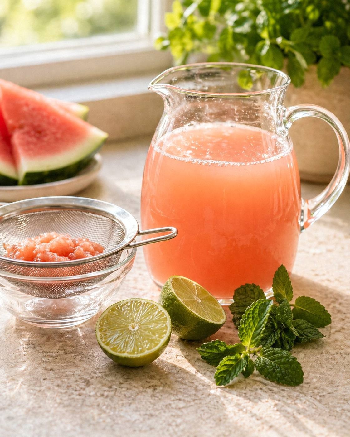 Strained watermelon cucumber juice for a mojito spritz in a glass pitcher with lime nearby
