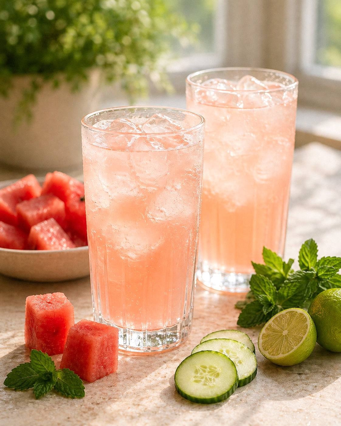 Two watermelon cucumber mojito spritz mocktails over ice with mint and lime beside the glasses