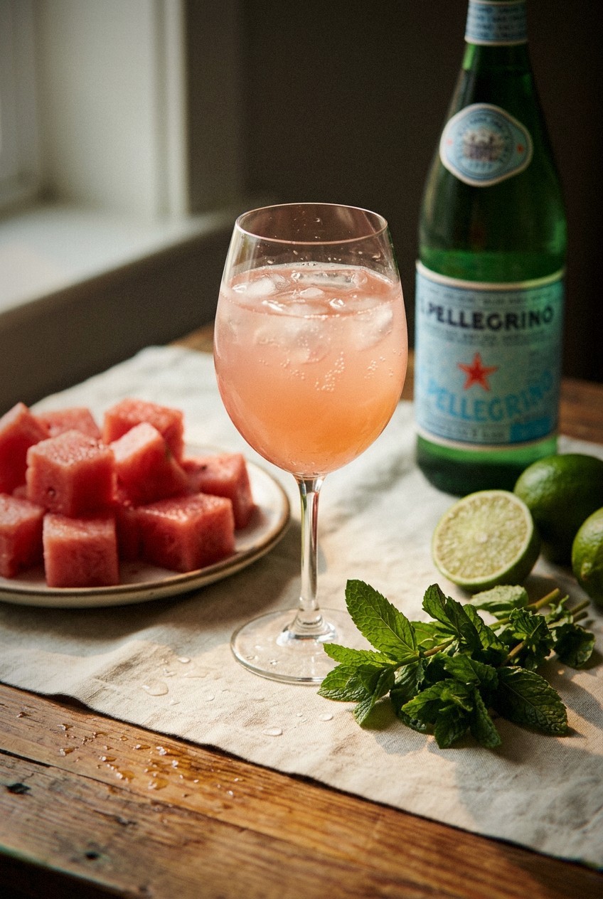 Fresh watermelon cubes, bright green mint leaves, and lime halves arranged on white marble countertop with condensation droplets, natural spring light