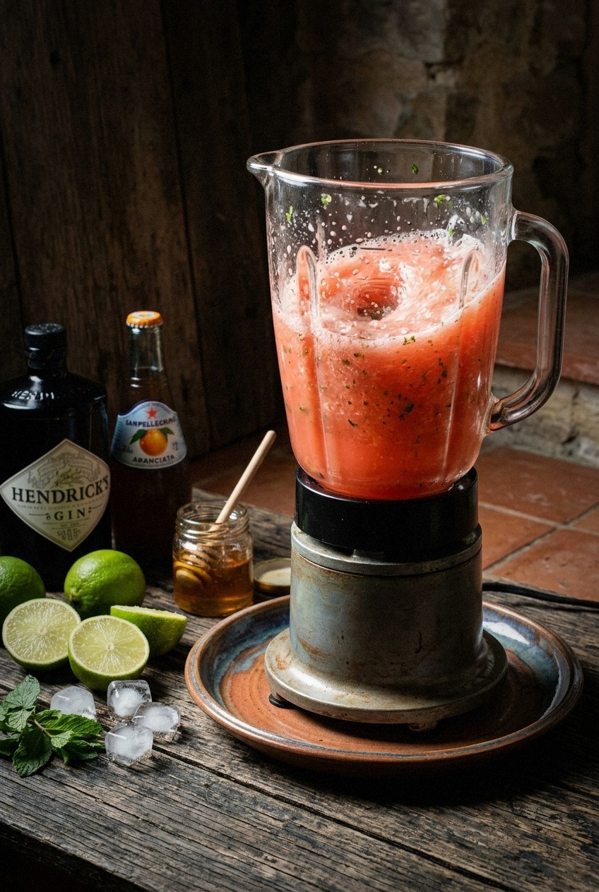 Blender filled with bright pink watermelon juice and green mint leaves being pulsed, kitchen counter with lime and ice nearby