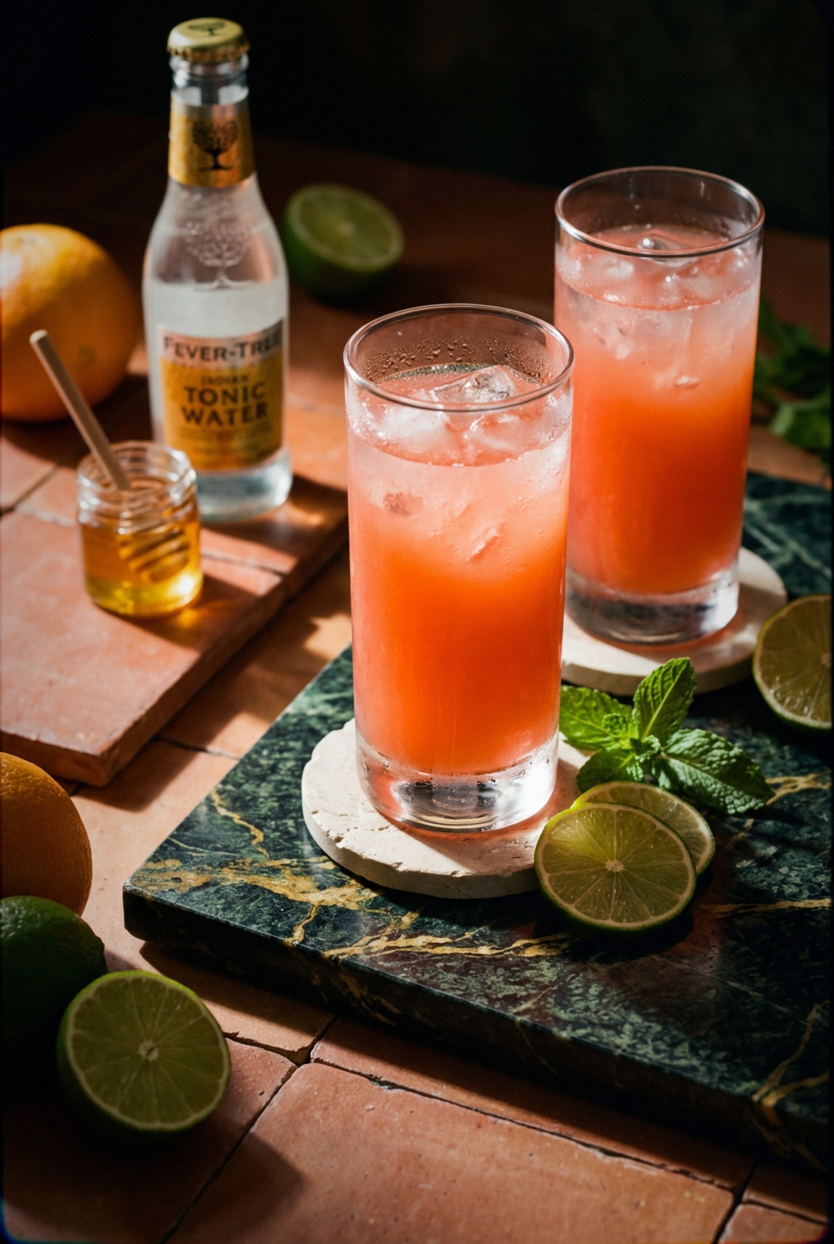 Two tall glasses filled with pink watermelon mint cooler, ice cubes visible, lime wheel and mint sprig garnish, condensation on glass exterior, outdoor patio table setting with bright natural light