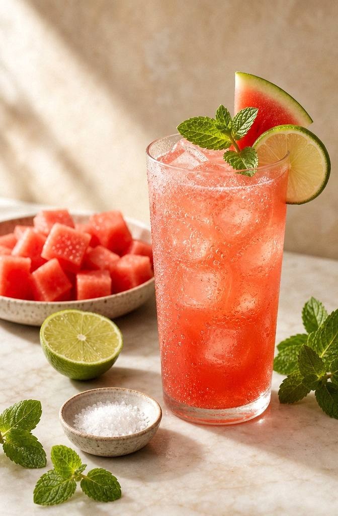 Cubed fresh watermelon, lime halves, fresh mint, and a small dish of sea salt on a pale surface for making a watermelon mint spritzer mocktail