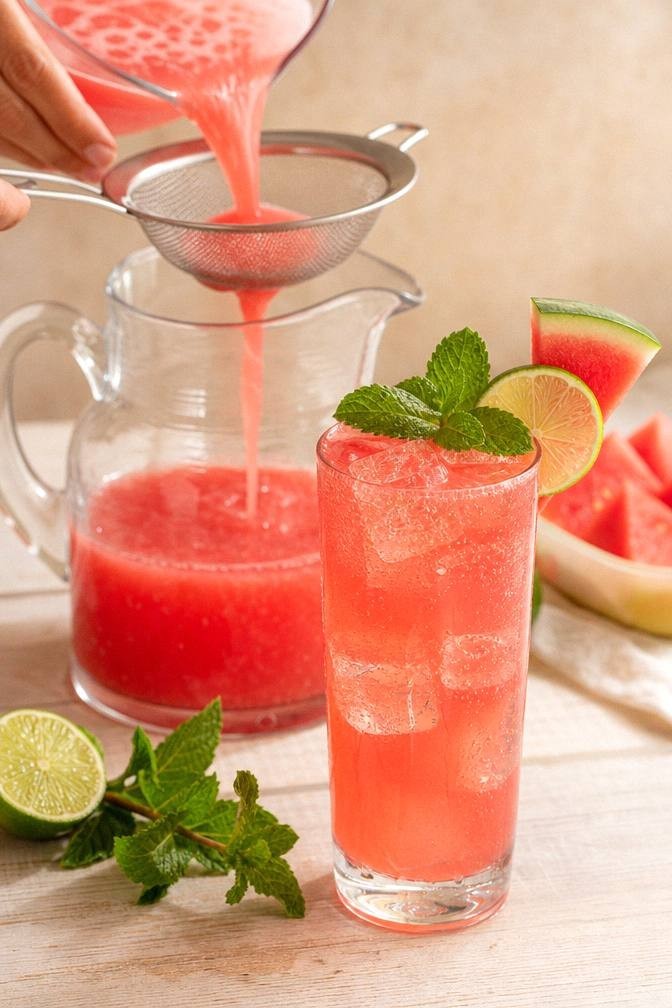 Fresh watermelon juice being strained through a sieve into a pitcher with lime and mint for a summer watermelon mocktail