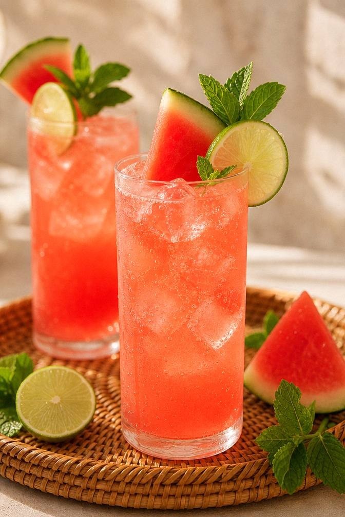 Finished coral pink watermelon mint spritzer in a tall glass over ice with a watermelon wedge lime wheel and mint sprig in bright sunlight