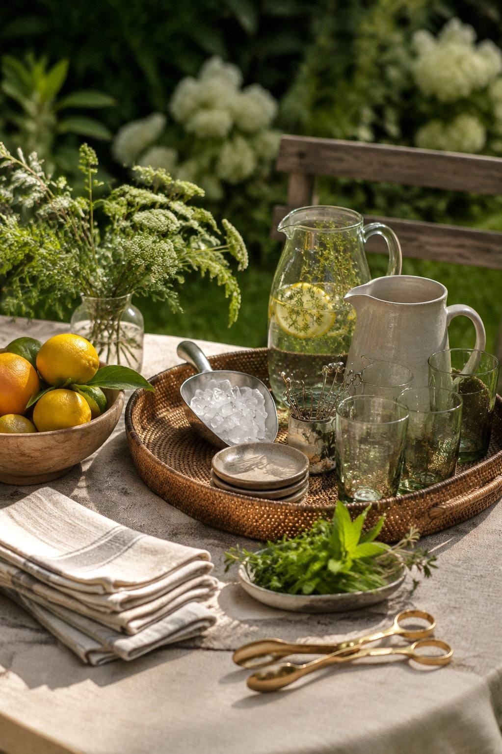 reusable summer hosting setup with pitchers trays glasses labels tongs linen napkins and string lights on an outdoor table