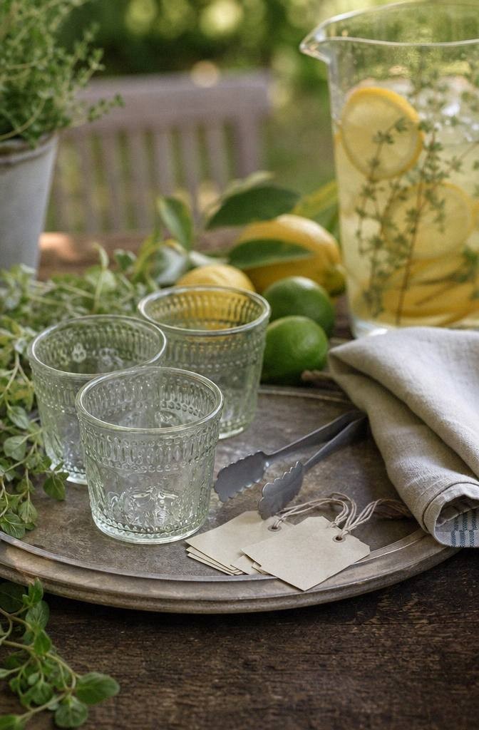 close-up of reusable hosting tools with ice scoop tongs labels linen napkins citrus herbs and vintage glasses