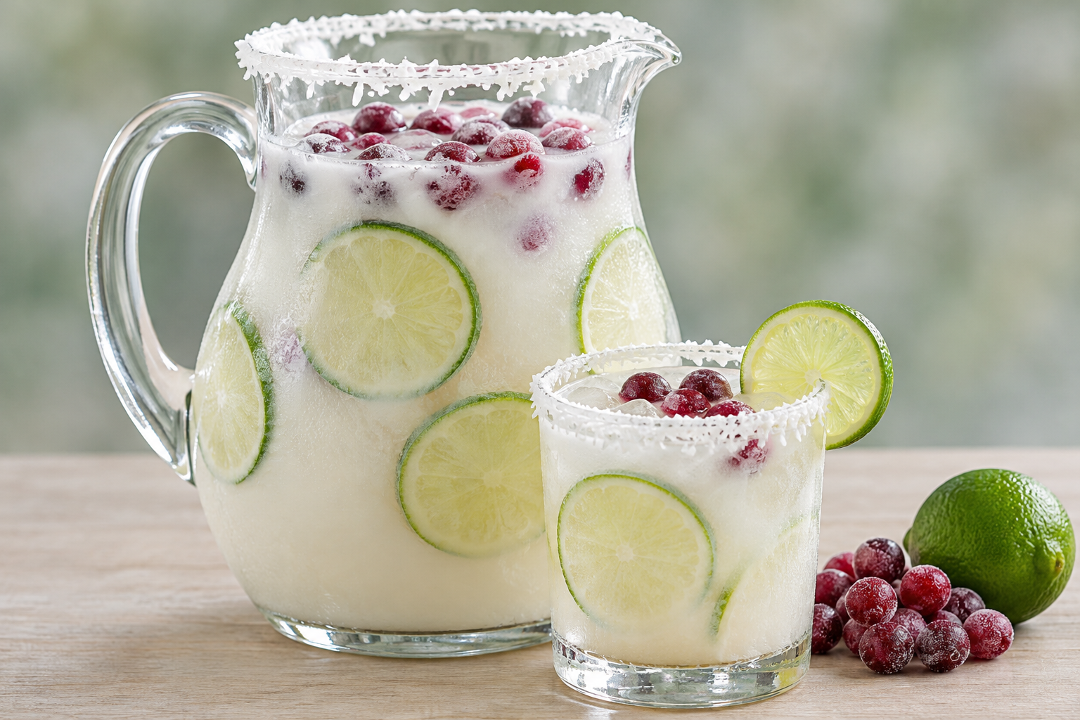 Coconut-rimmed pitcher of white margarita with lime slices and frozen cranberries next to a rimmed glass with a lime wheel