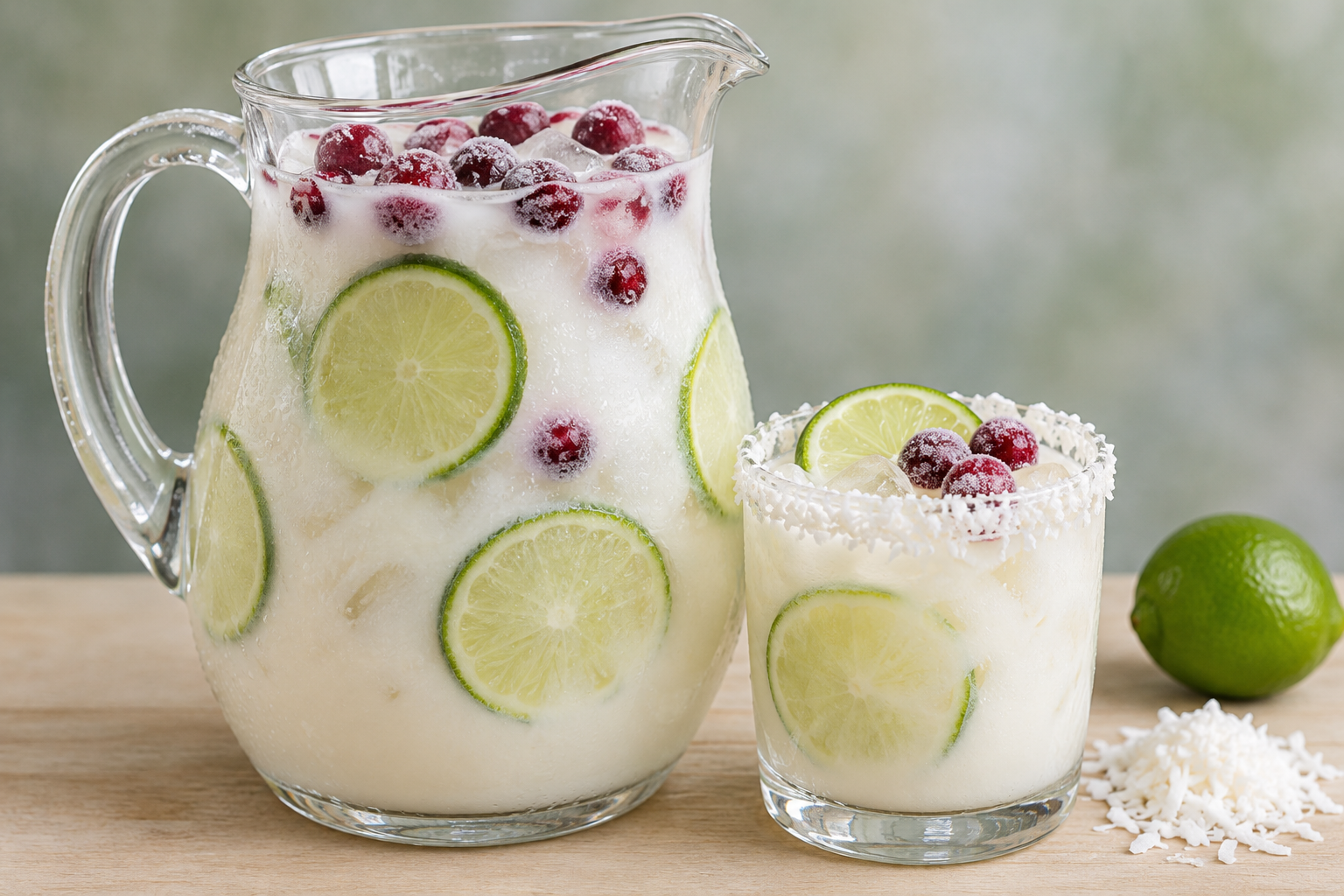 Pitcher of white Christmas margarita beside a coconut-rimmed glass with frozen cranberries, a lime and shredded coconut on the table