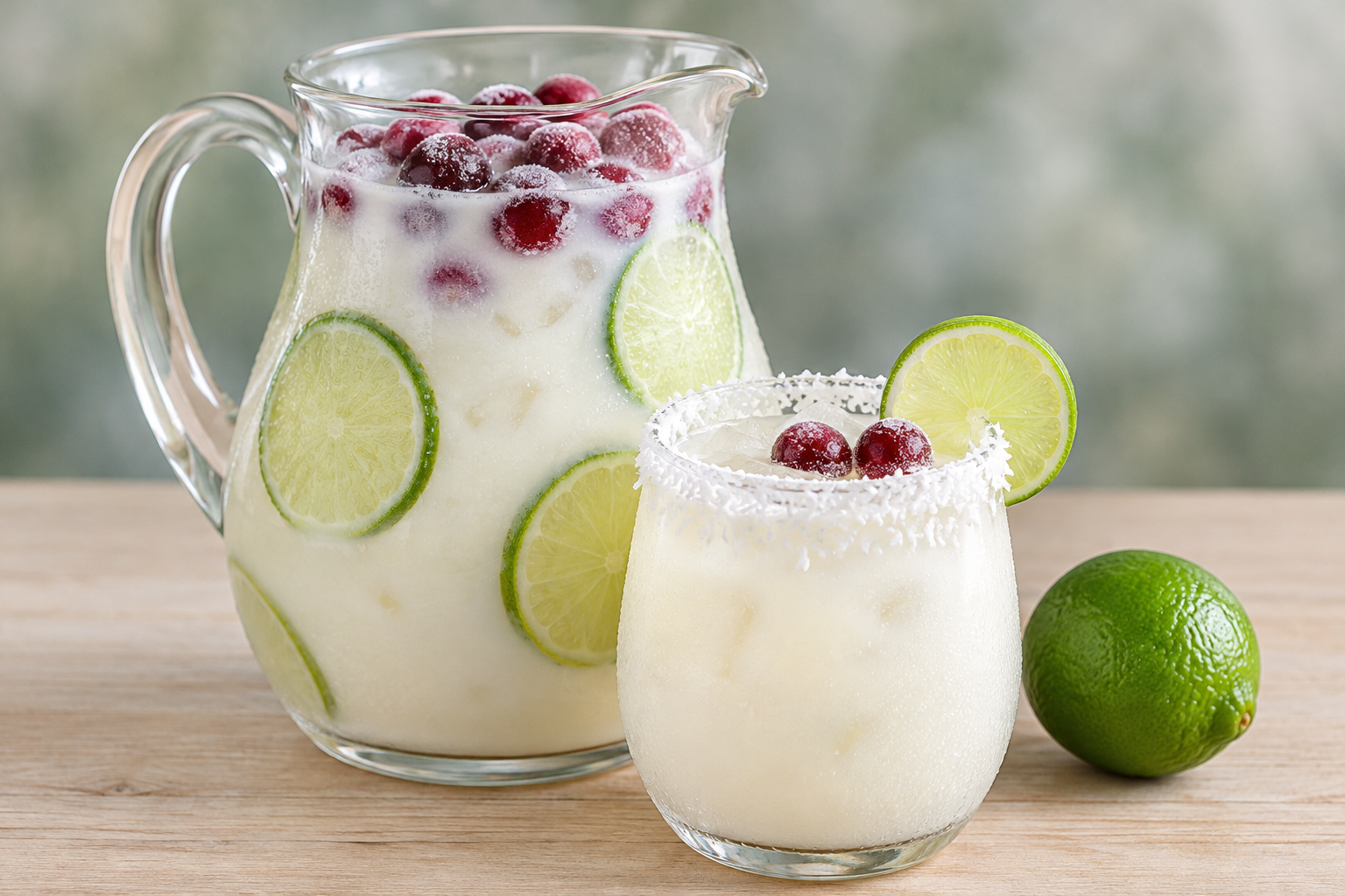 White Christmas margarita in a coconut-rimmed glass with two frozen cranberries and a lime wheel, the pitcher behind it