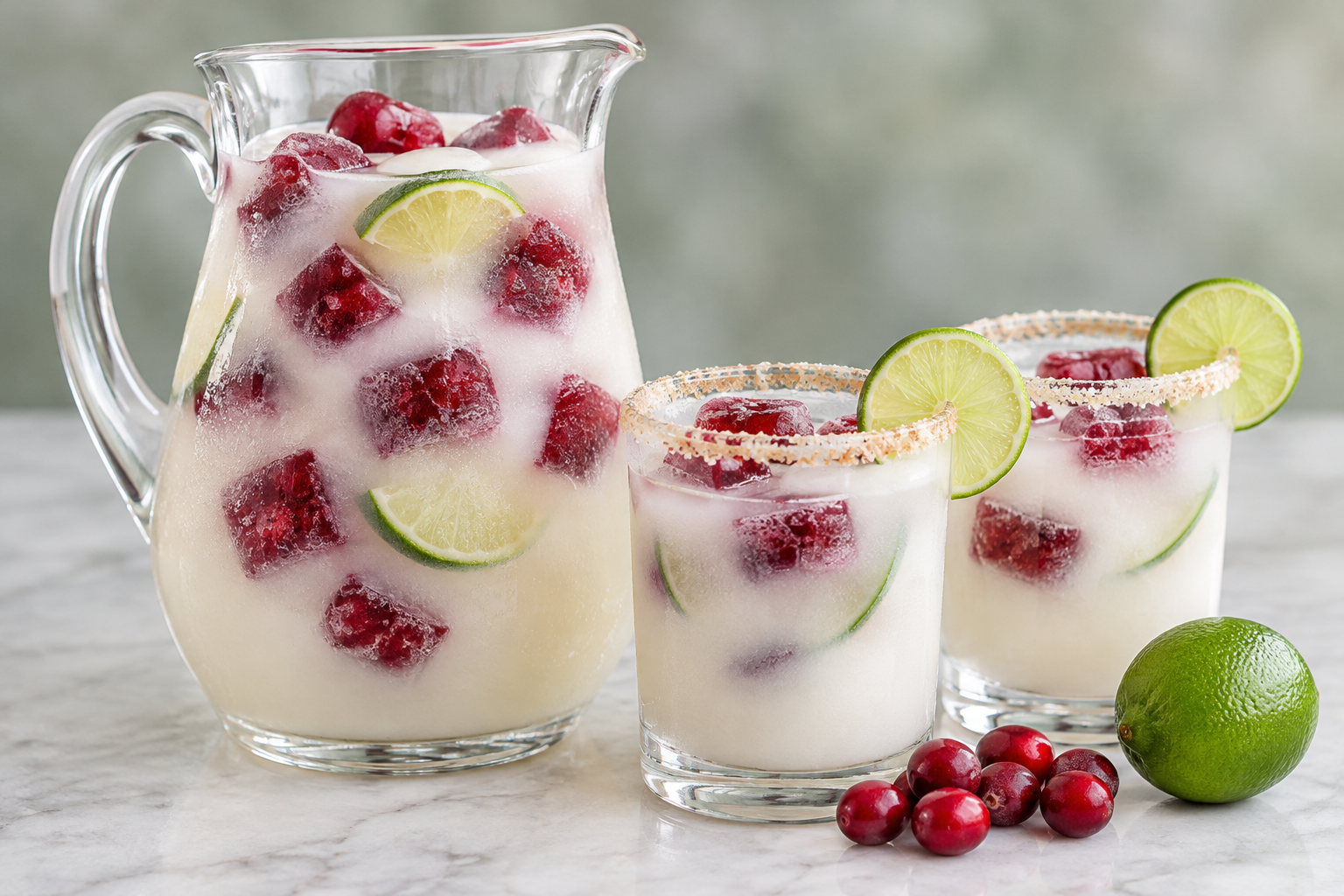 Pitcher of white Christmas margarita with frozen cranberry ice cubes and lime slices, two coconut-rimmed glasses beside it