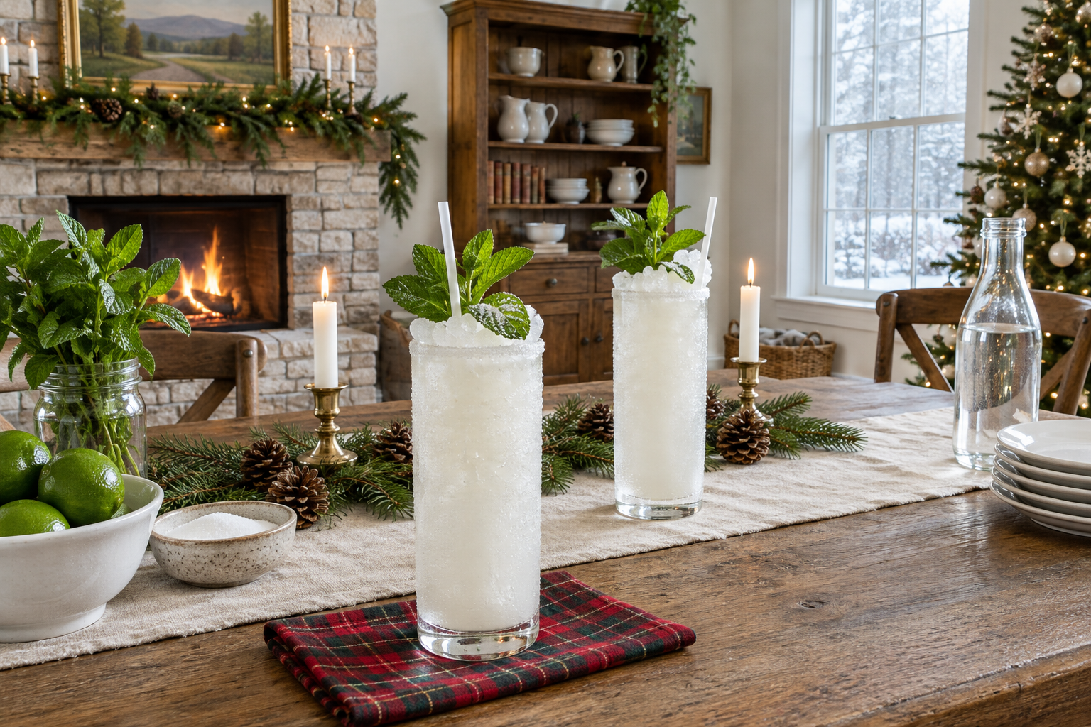 Two white Christmas mojitos garnished with mint and pomegranate seeds on a holiday table