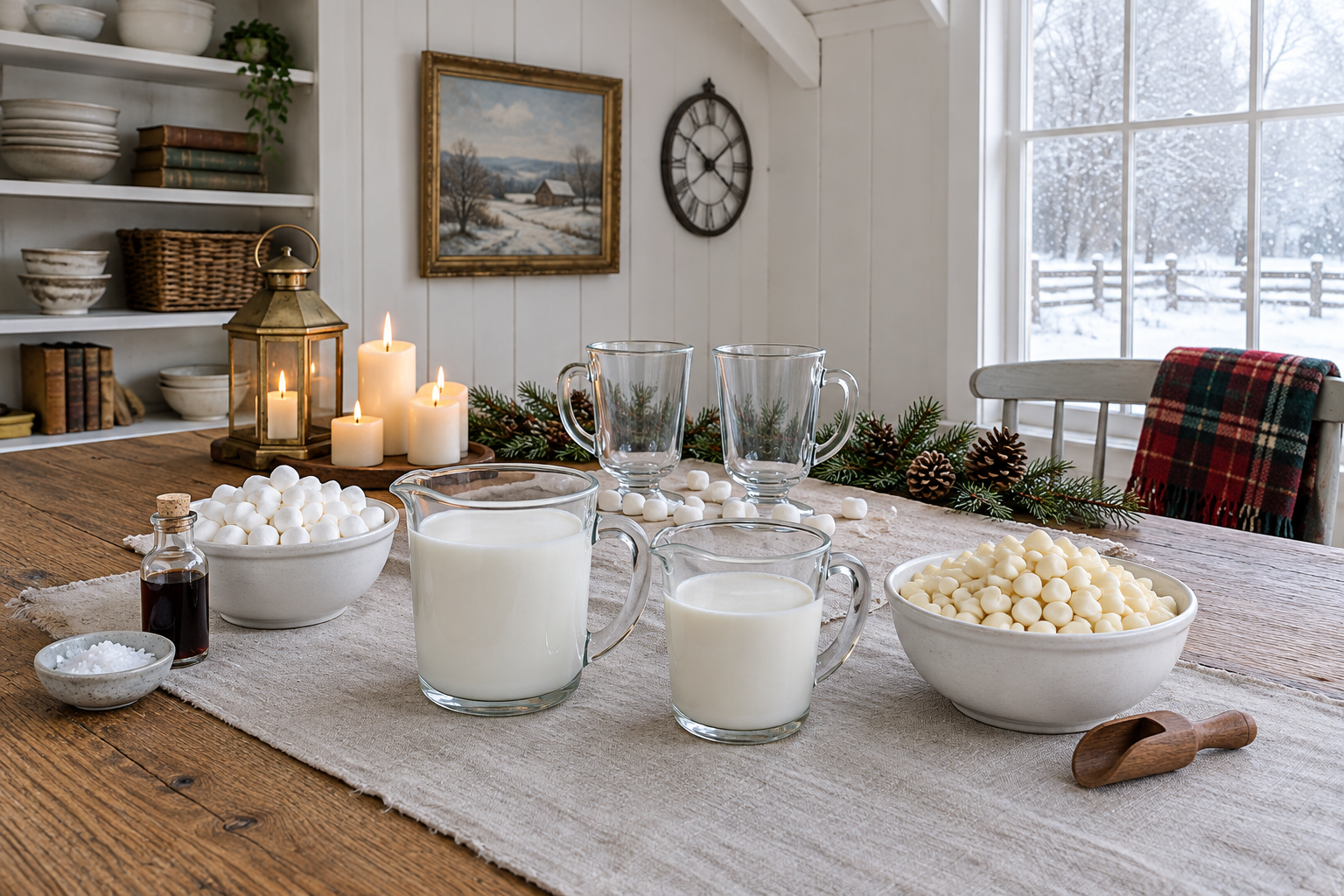 Measured ingredients for white hot chocolate including milk, half-and-half, white chocolate chips, salt, vanilla, and marshmallows