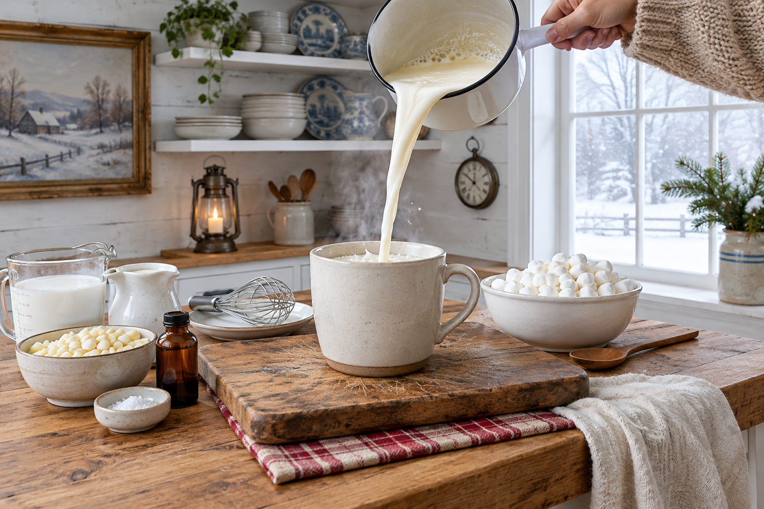 White hot chocolate being poured from saucepan into mug
