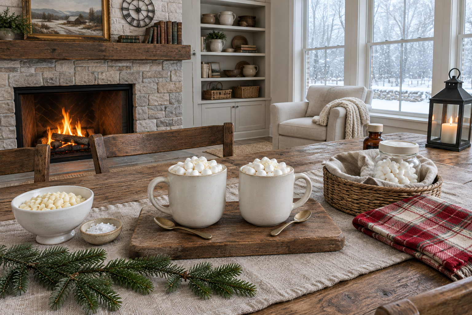 Two mugs of white hot chocolate with marshmallow topping on table