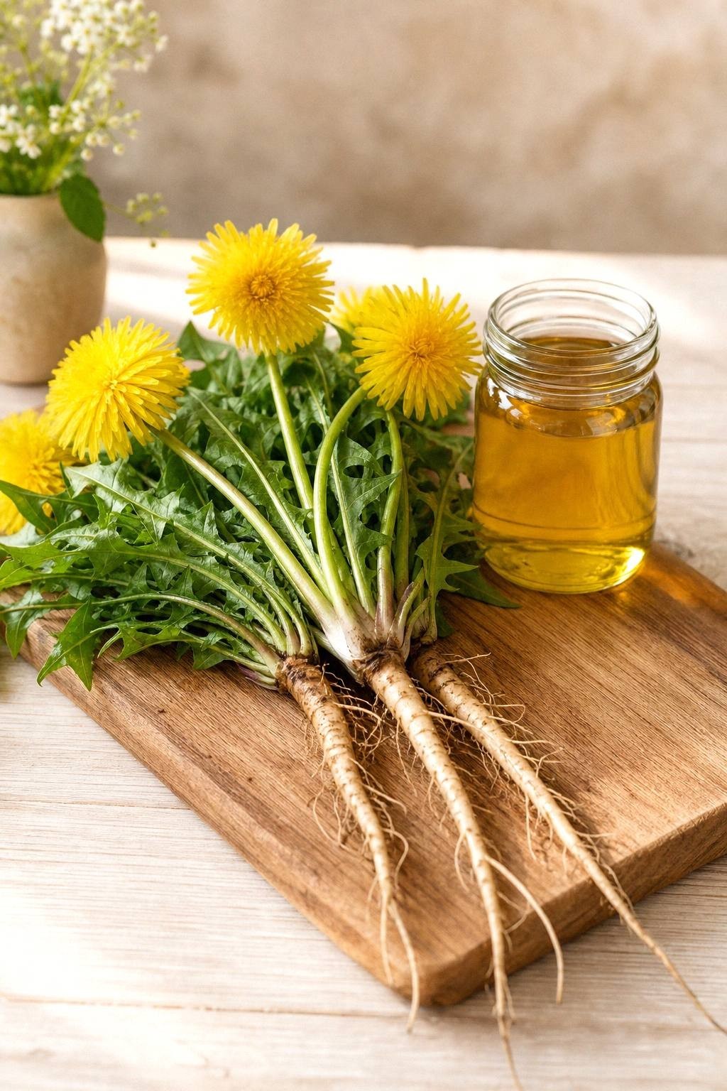 Freshly foraged dandelions on a wooden board showing yellow flowers, green leaves, and pale taproots beside a jar of golden dandelion infused oil