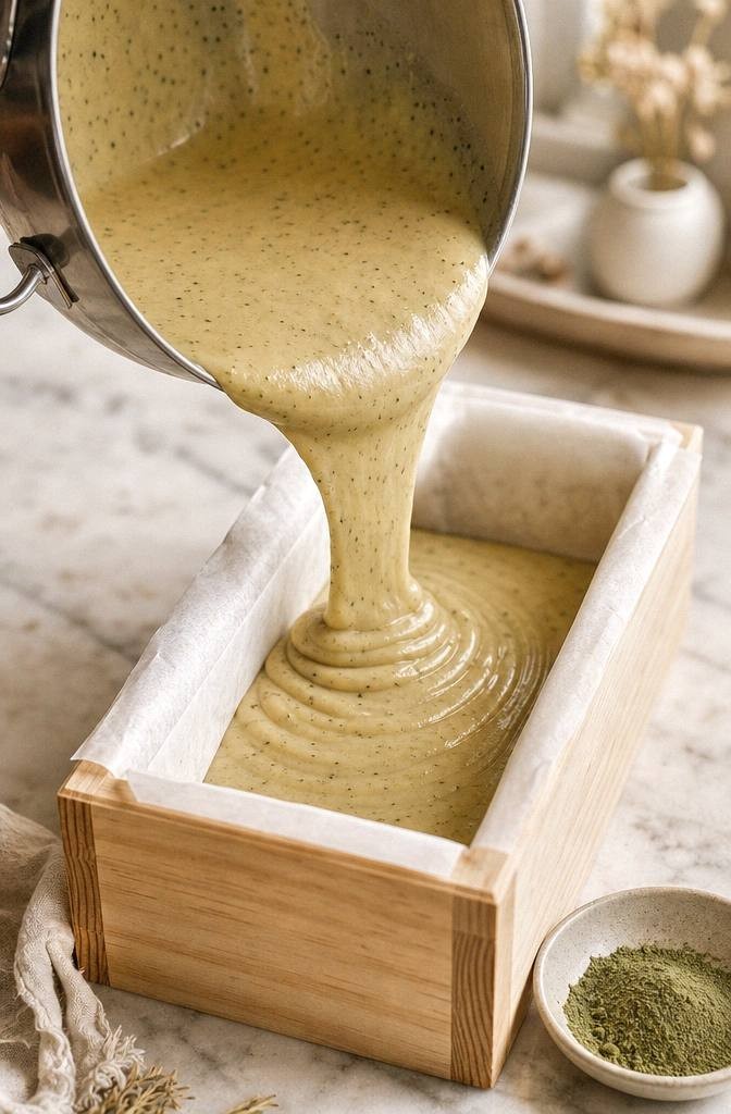 Soap batter at light trace being poured into a wooden loaf mold, flecked with green powdered dandelion leaf, on a marble counter