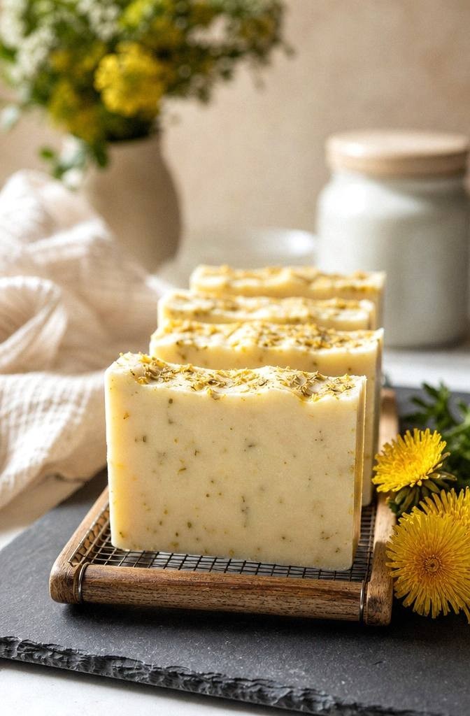 Cut bars of pale gold dandelion soap with green leaf flecks curing on a wooden rack with fresh dandelion flowers beside them
