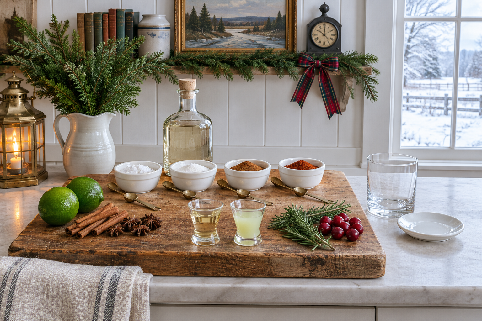 measured ingredients for winter spiced margarita including tequila, citrus, spices, and agave nectar