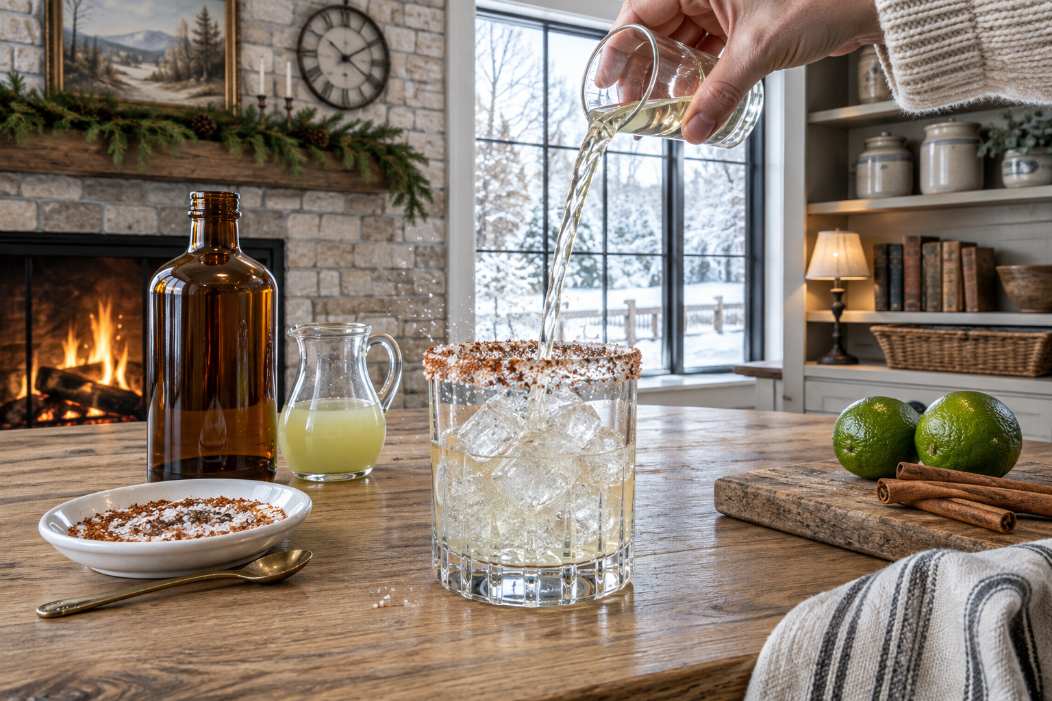 pouring strained winter spiced margarita into a rimmed rocks glass with ice