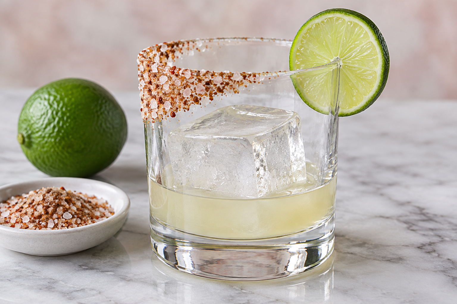 winter spiced margarita in a rocks glass with cinnamon-chile rim and ice